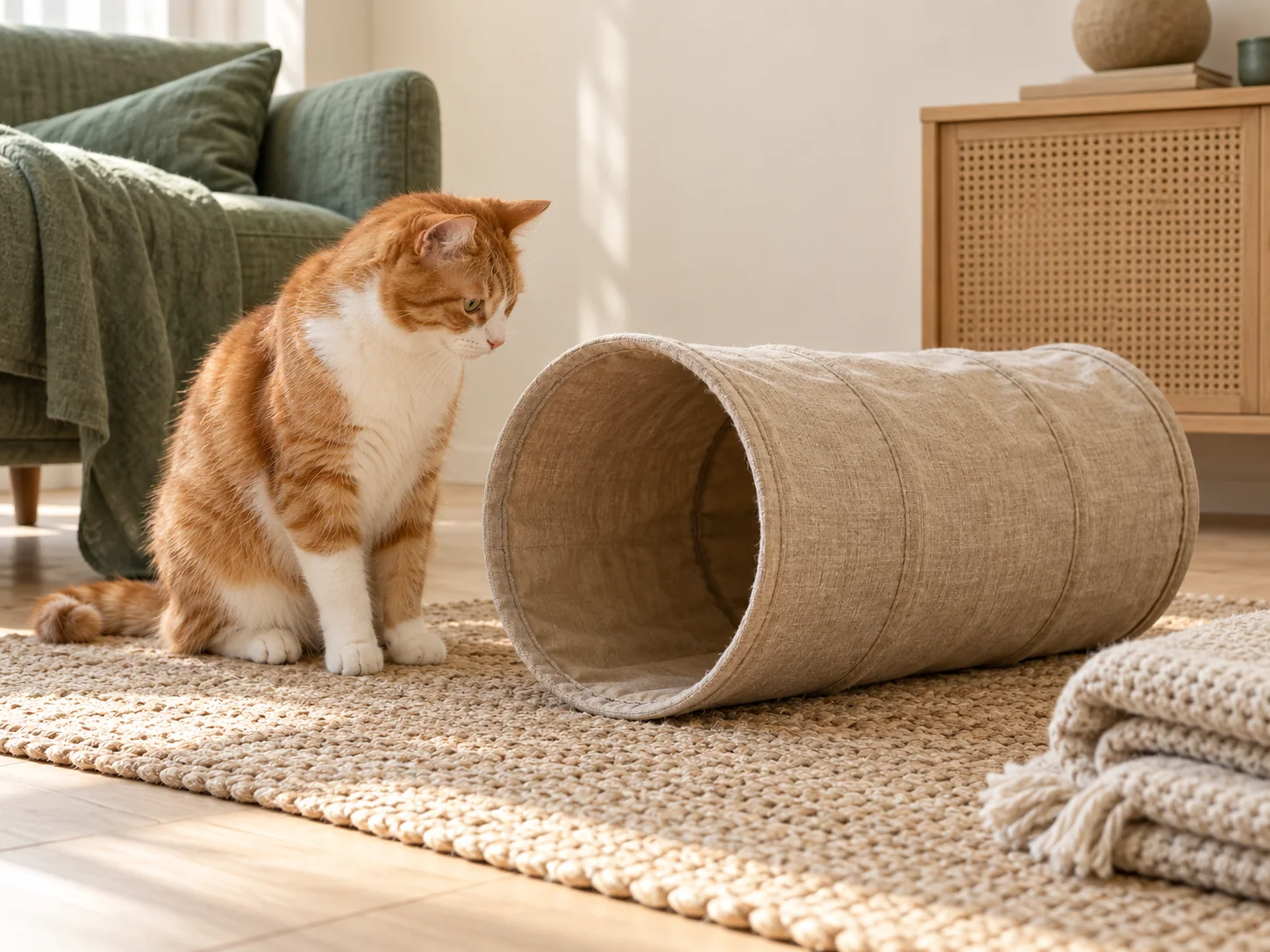 Chat roux observant un tunnel textile dans un salon clair aux touches vert sauge.