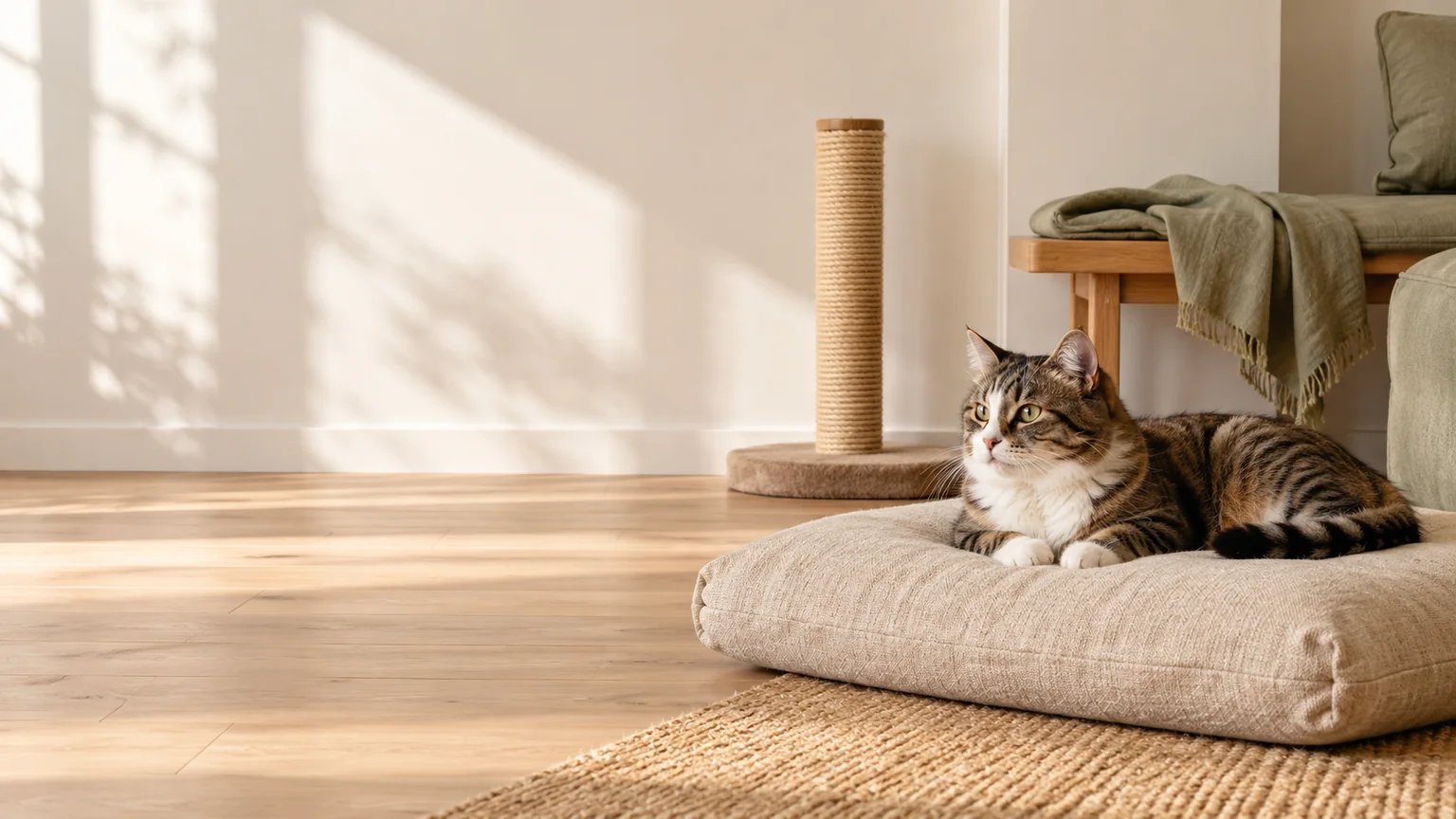 Chat tigré allongé sur un coussin beige, dans un salon lumineux aux matières naturelles.