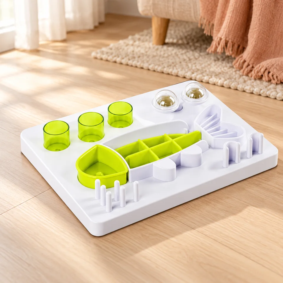 Puzzle de recherche en forme de poisson de ALL FOR PAWS, mise en situation dans un intérieur pour chat