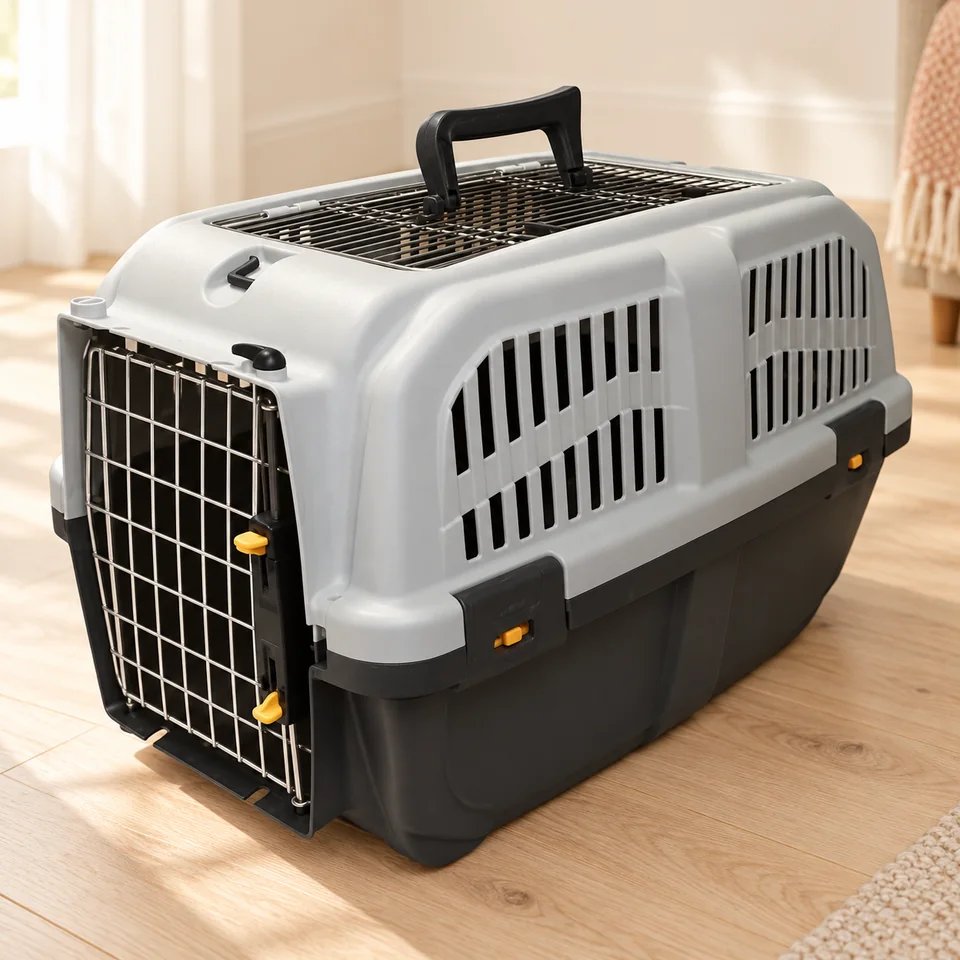 Caisse de transport grise de Aimé, mise en situation dans un intérieur pour chat
