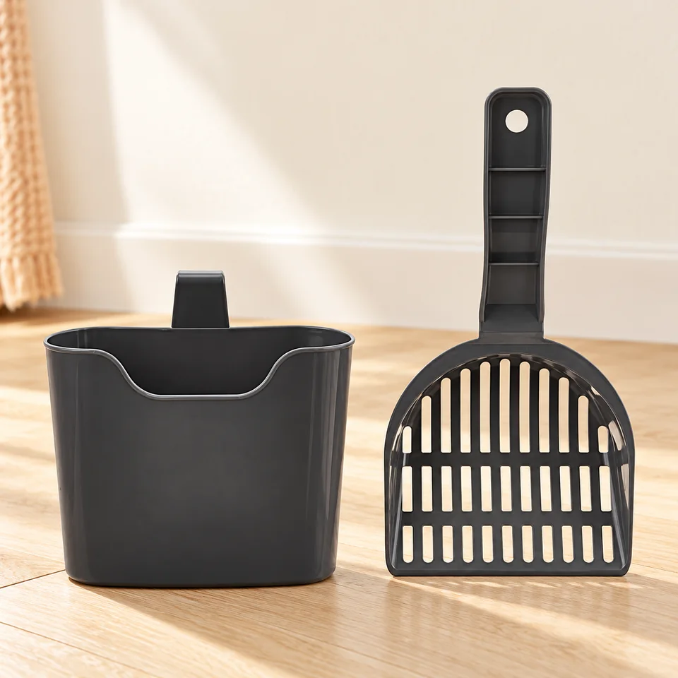 Pelle à litière avec support de Amazon Basics, mise en situation dans un intérieur pour chat