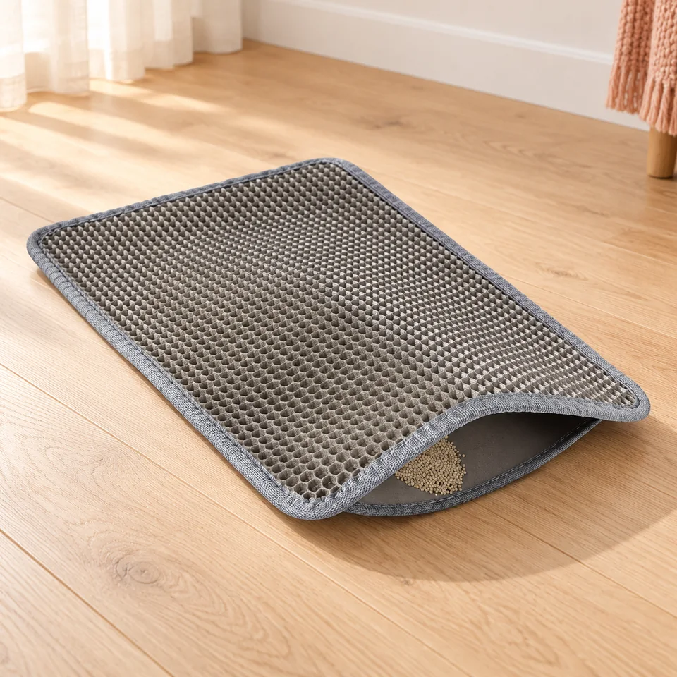 Tapis de litière double couche gris de Amazon Basics, mise en situation dans un intérieur pour chat