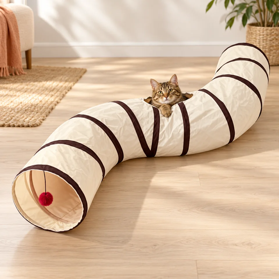 Tunnel de jeu pliable de 123 cm de AMSGANK, mise en situation dans un intérieur pour chat