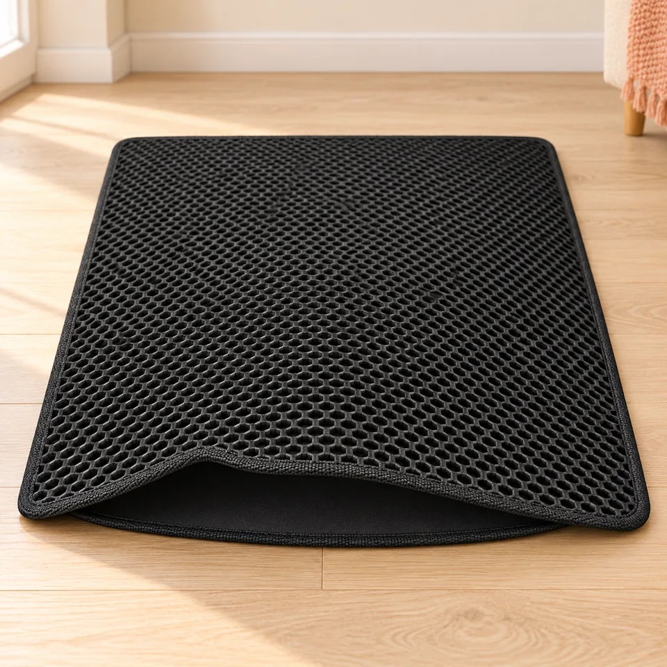 Tapis de litière double couche noir de Conlun, mise en situation dans un intérieur pour chat
