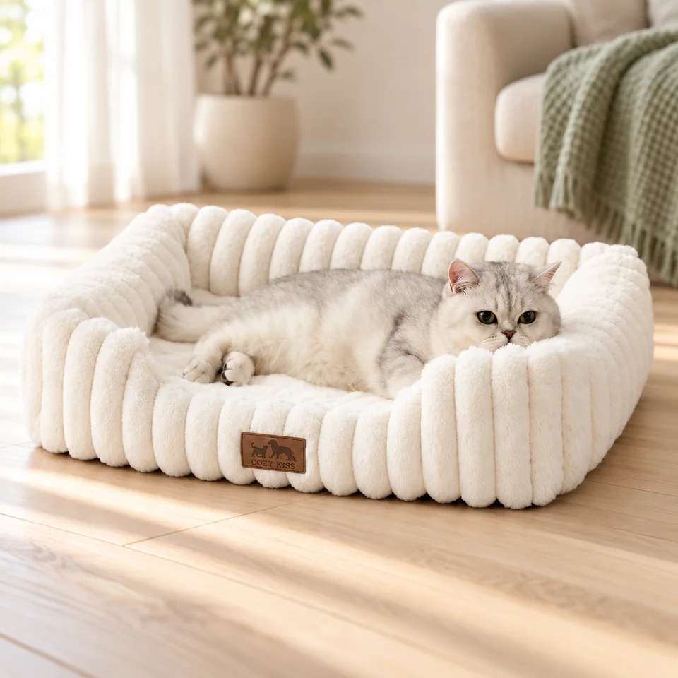 Panier déhoussable beige de COZY KISS, mise en situation dans un intérieur pour chat