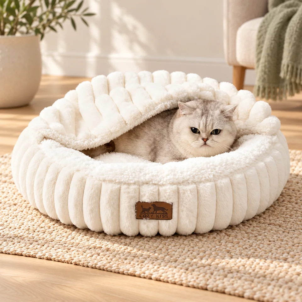 Couchage rond avec couverture de COZY KISS, mise en situation dans un intérieur pour chat