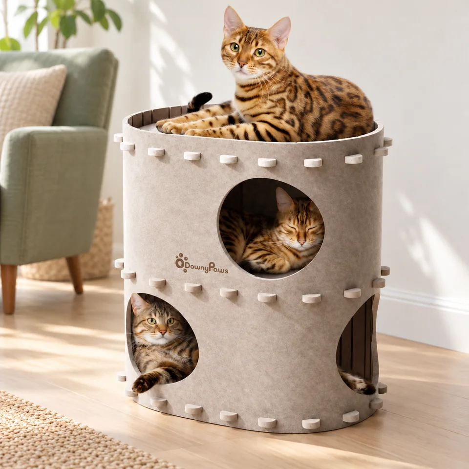 Maison beige à deux niveaux de DownyPaws, mise en situation dans un intérieur pour chat