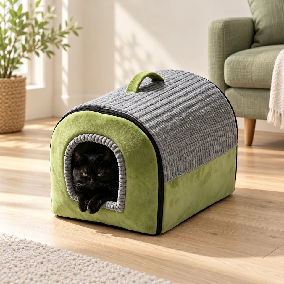 Niche pliable avec coussin lavable de FENDRALL, mise en situation dans un intérieur pour chat