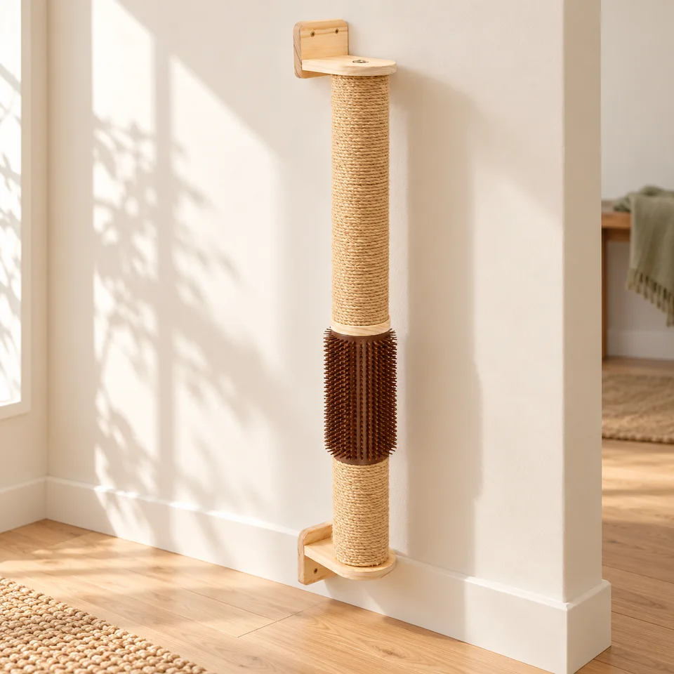 Griffoir mural modulable avec brosse de FTISSLY, mise en situation dans un intérieur pour chat