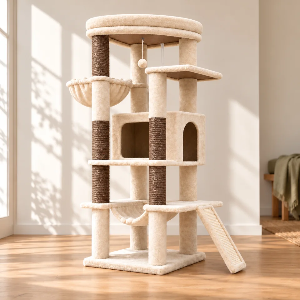 Arbre à chat S56 beige de Globlazer, mise en situation dans un intérieur pour chat