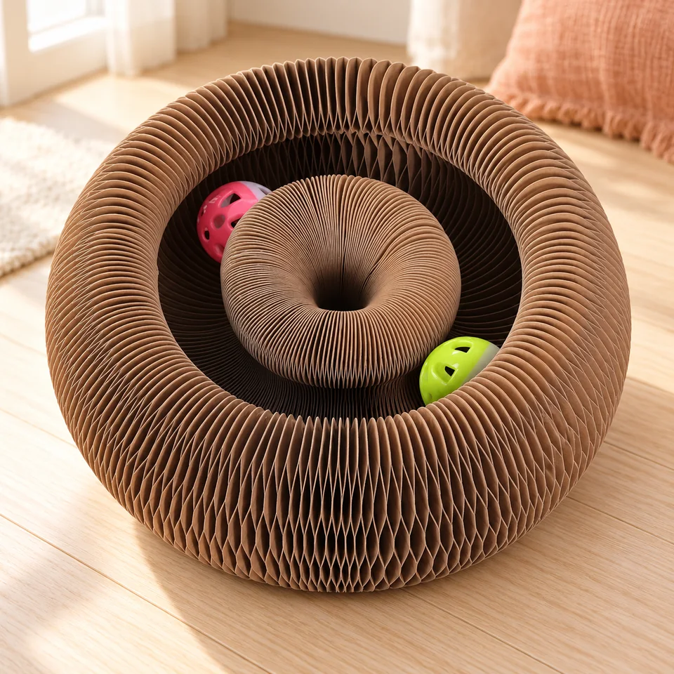 Griffoir accordéon et balle de KONOATOR, mise en situation dans un intérieur pour chat