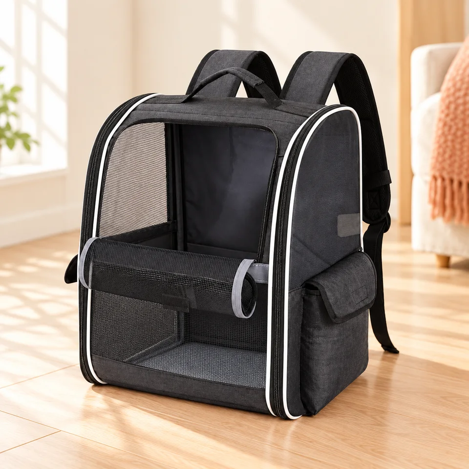 Sac à dos noir à fenêtre en maille de Lekesky, mise en situation dans un intérieur pour chat