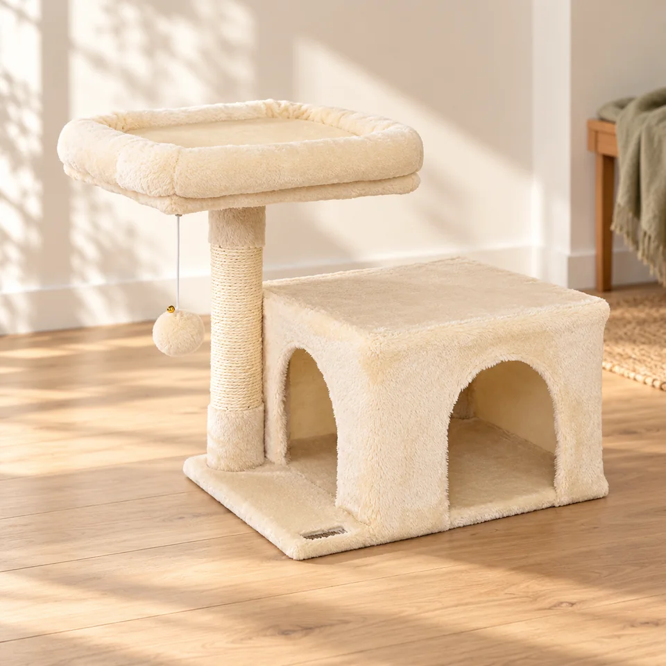 Petit arbre à chat avec niche, 50 cm de lionto, mise en situation dans un intérieur pour chat