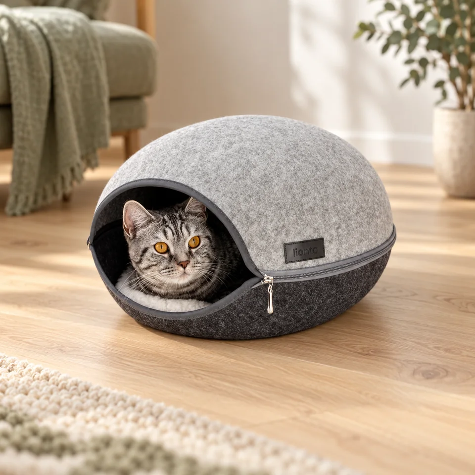 Maison en feutre à fermeture éclair de lionto, mise en situation dans un intérieur pour chat
