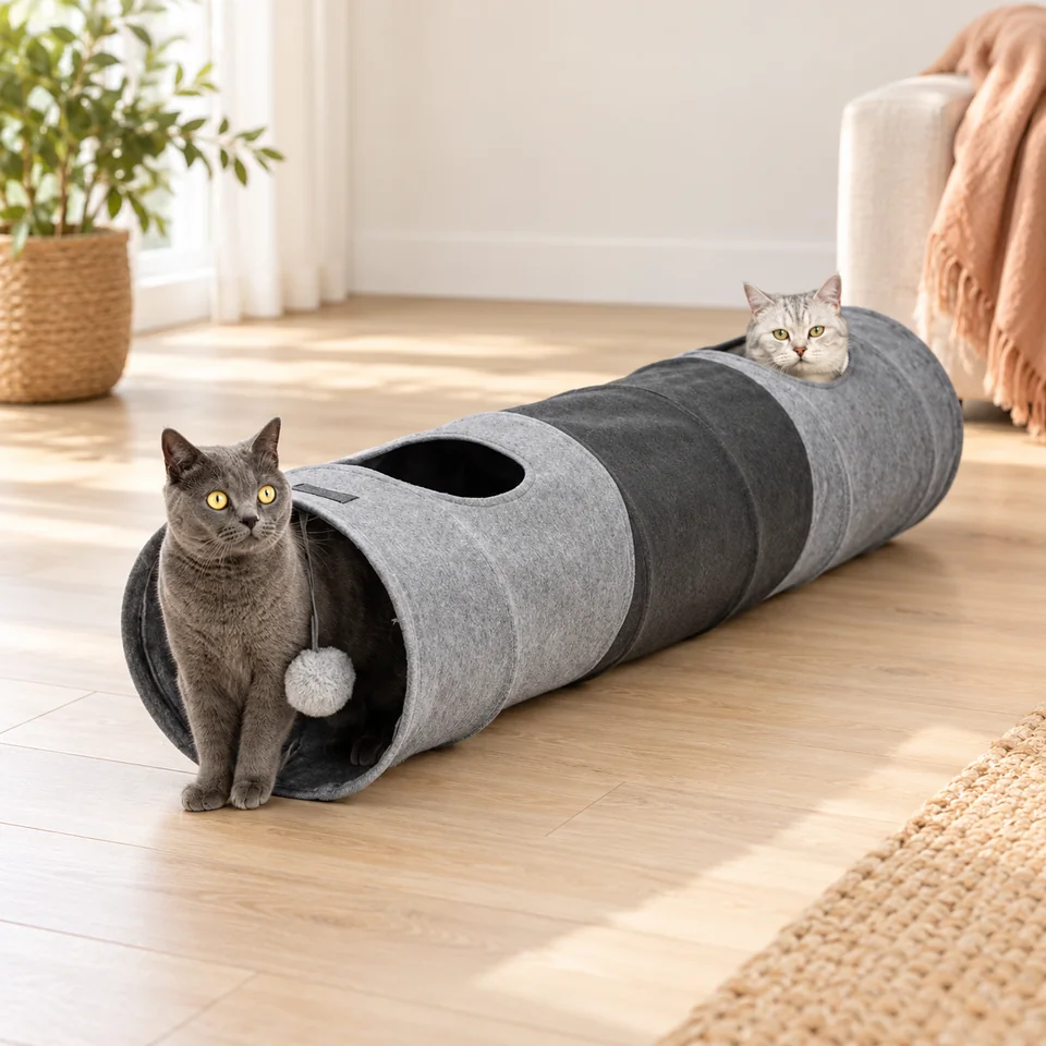 Tunnel pliable de 130 cm de lionto, mise en situation dans un intérieur pour chat