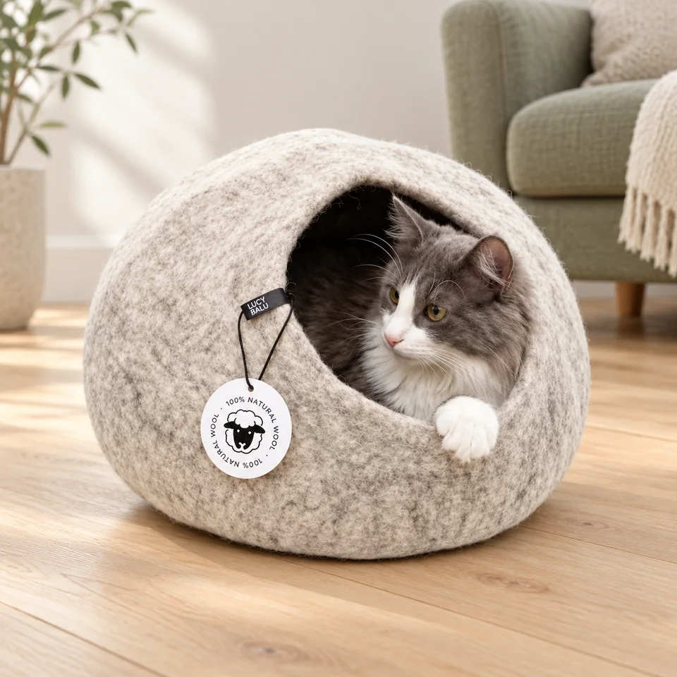 Grotte en laine gris et blanc de LucyBalu, mise en situation dans un intérieur pour chat