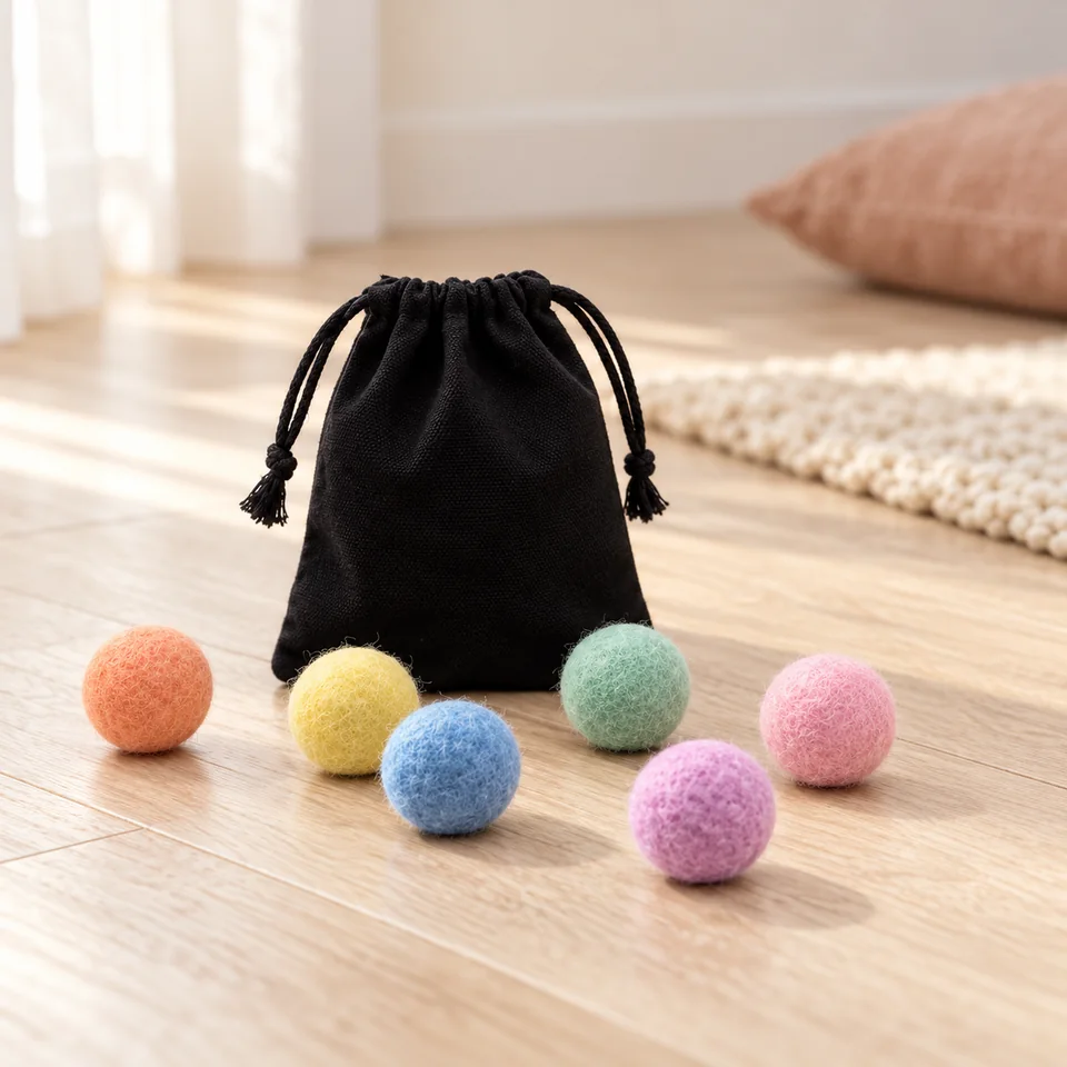 Six balles en feutre Rainbow de LucyBalu, mise en situation dans un intérieur pour chat