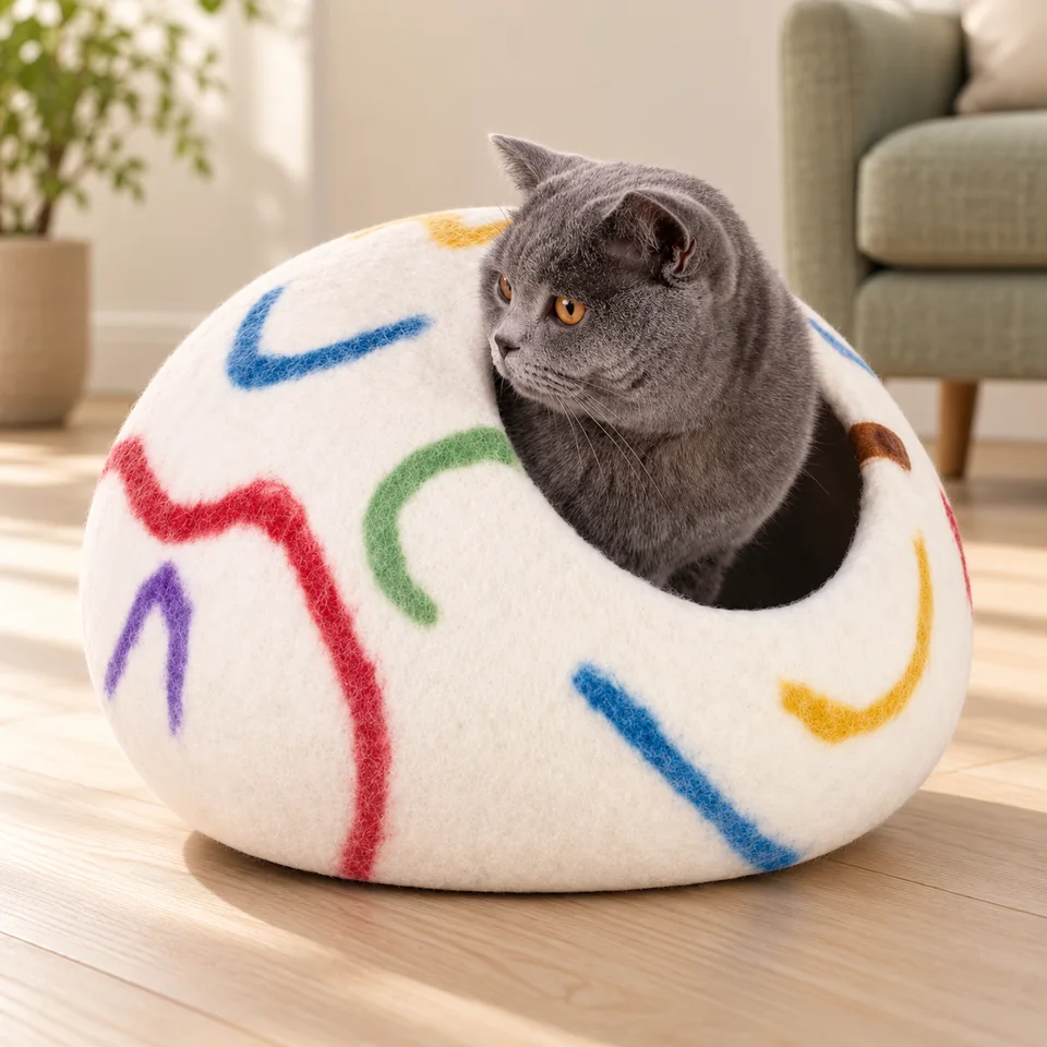 Grotte en feutre ivoire, taille M de MEOWFIA, mise en situation dans un intérieur pour chat