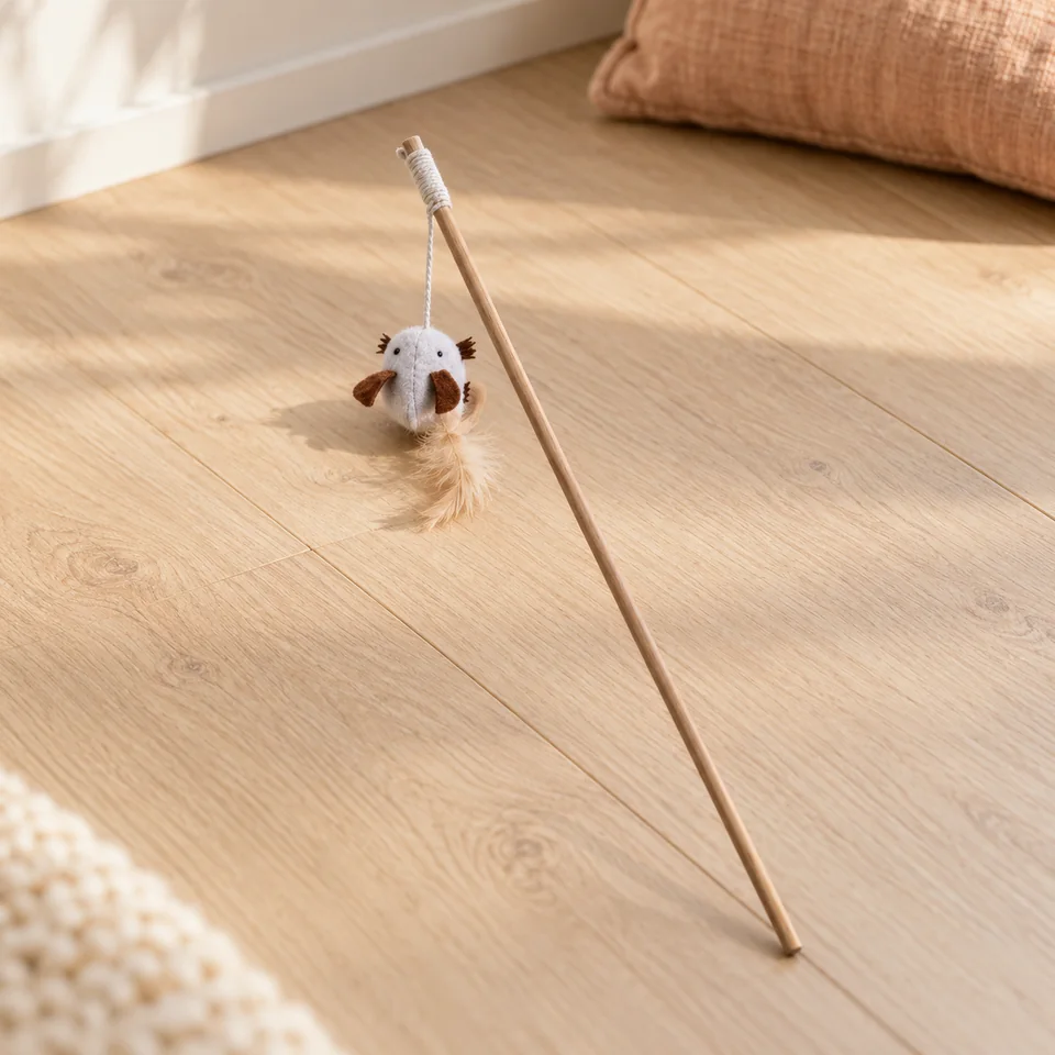 Canne en bois à peluche et plume de MON AMI LUKI, mise en situation dans un intérieur pour chat