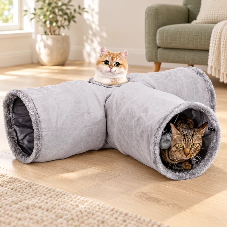 Tunnel trois voies en suédine de Nobleza, mise en situation dans un intérieur pour chat