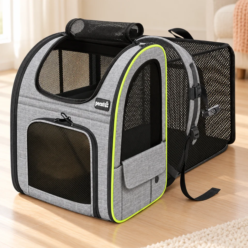 Sac à dos extensible gris de Pecute, mise en situation dans un intérieur pour chat