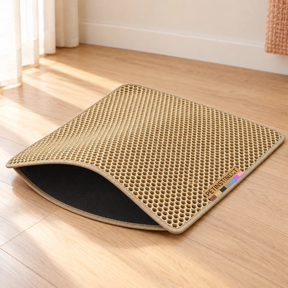 Tapis de litière beige, 60 × 45 cm de Petinstinct, mise en situation dans un intérieur pour chat