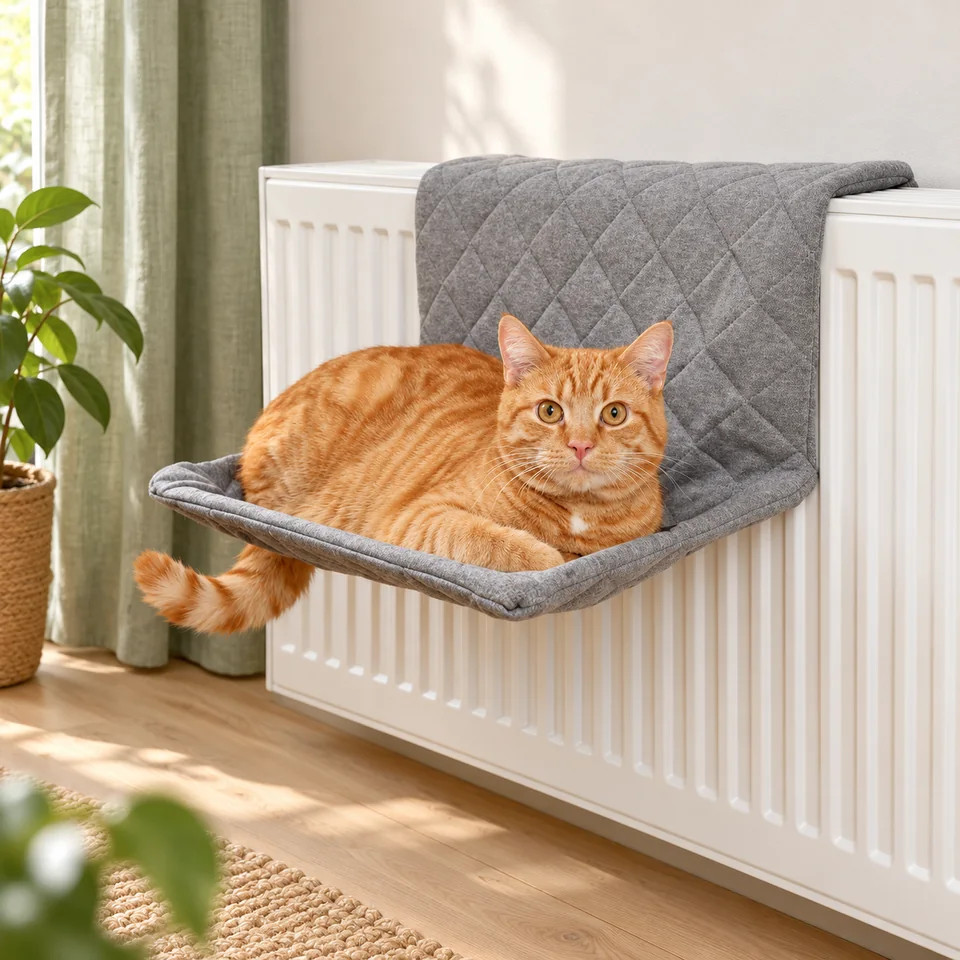 Hamac de radiateur à supports réglables de PiuPet, mise en situation dans un intérieur pour chat