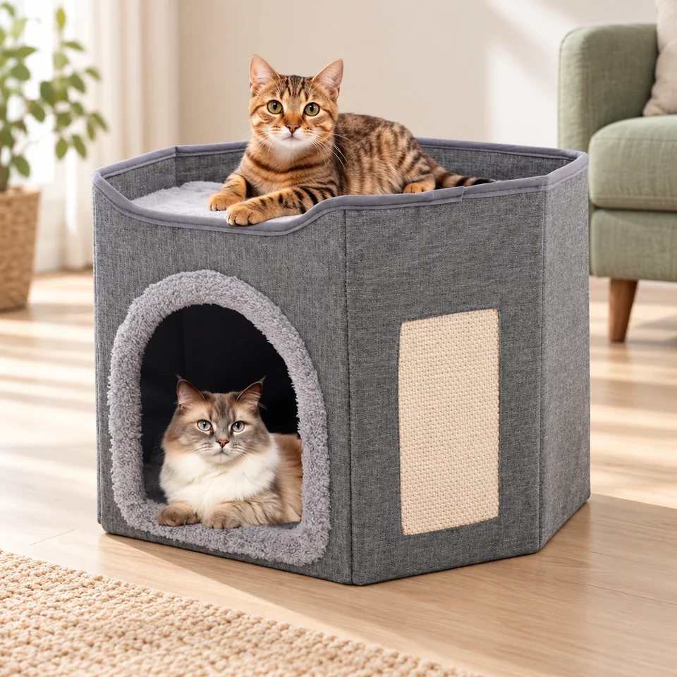 Niche pliable à deux coussins de Siairo, mise en situation dans un intérieur pour chat