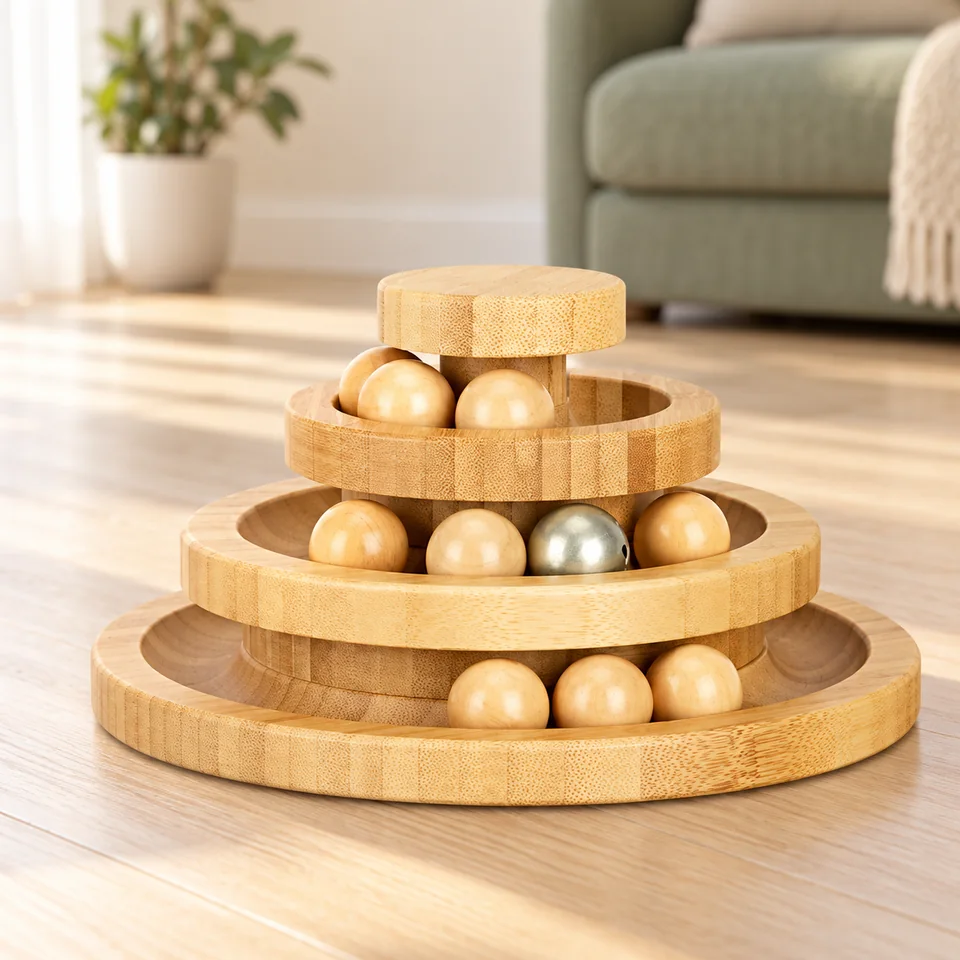 Circuit en bois à trois niveaux de Tarnel, mise en situation dans un intérieur pour chat