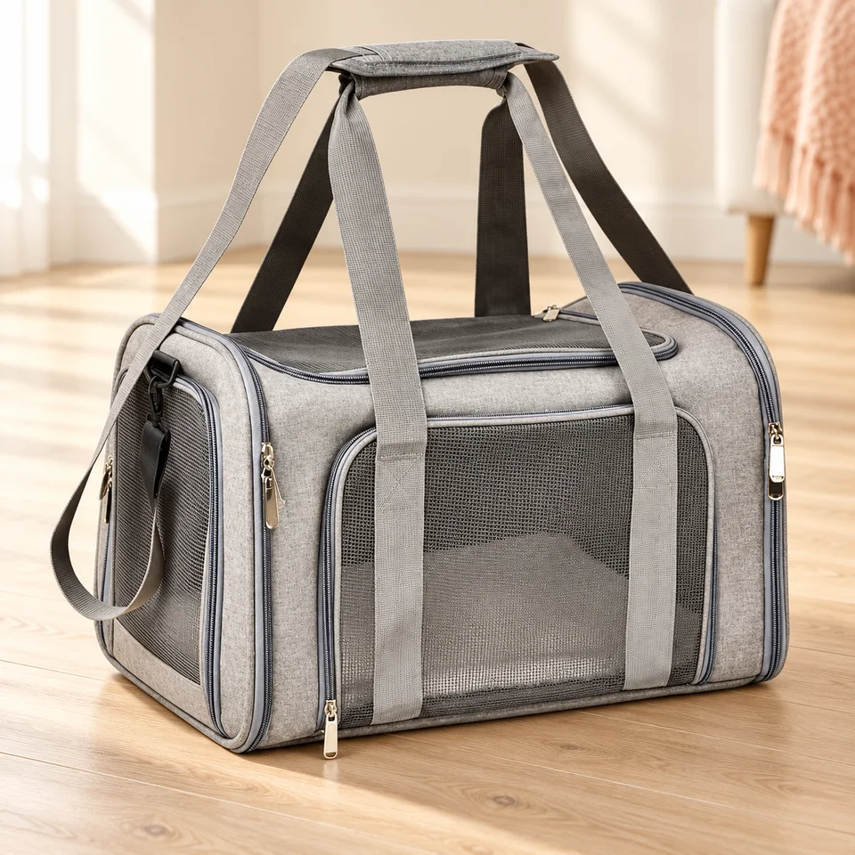 Sac de transport gris à bandoulière de TOFFCAEA, mise en situation dans un intérieur pour chat