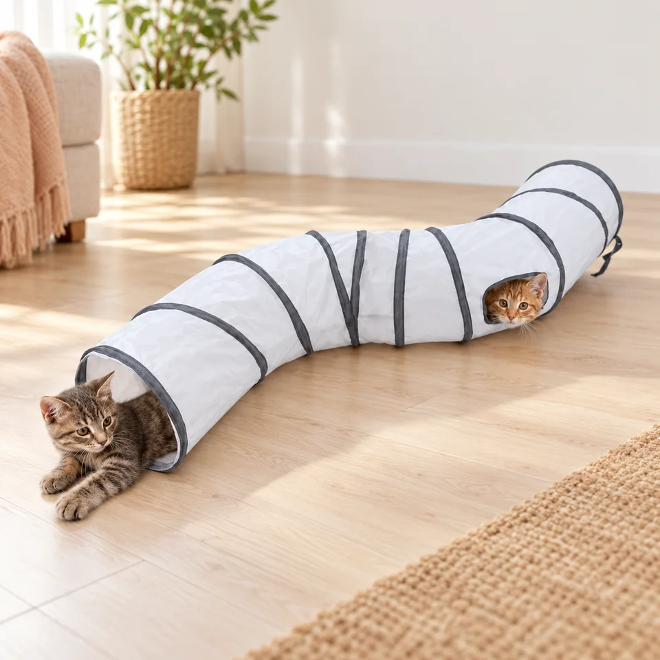 Tunnel blanc en forme de S de UCFBWO, mise en situation dans un intérieur pour chat