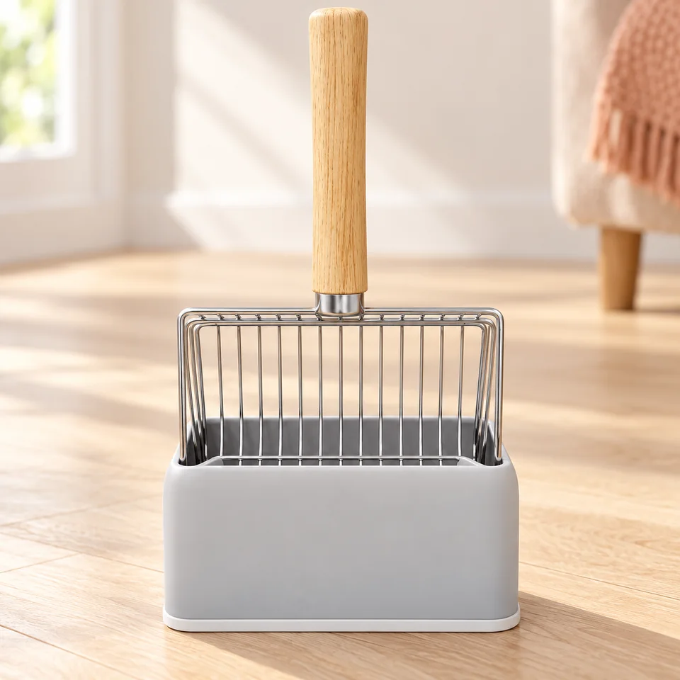 Pelle métallique à manche en bois de Wubushan, mise en situation dans un intérieur pour chat