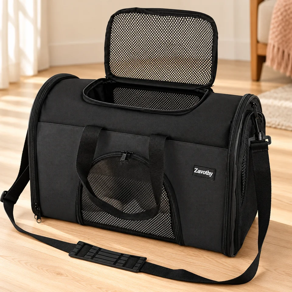 Sac de transport pliable noir de Zavothy, mise en situation dans un intérieur pour chat